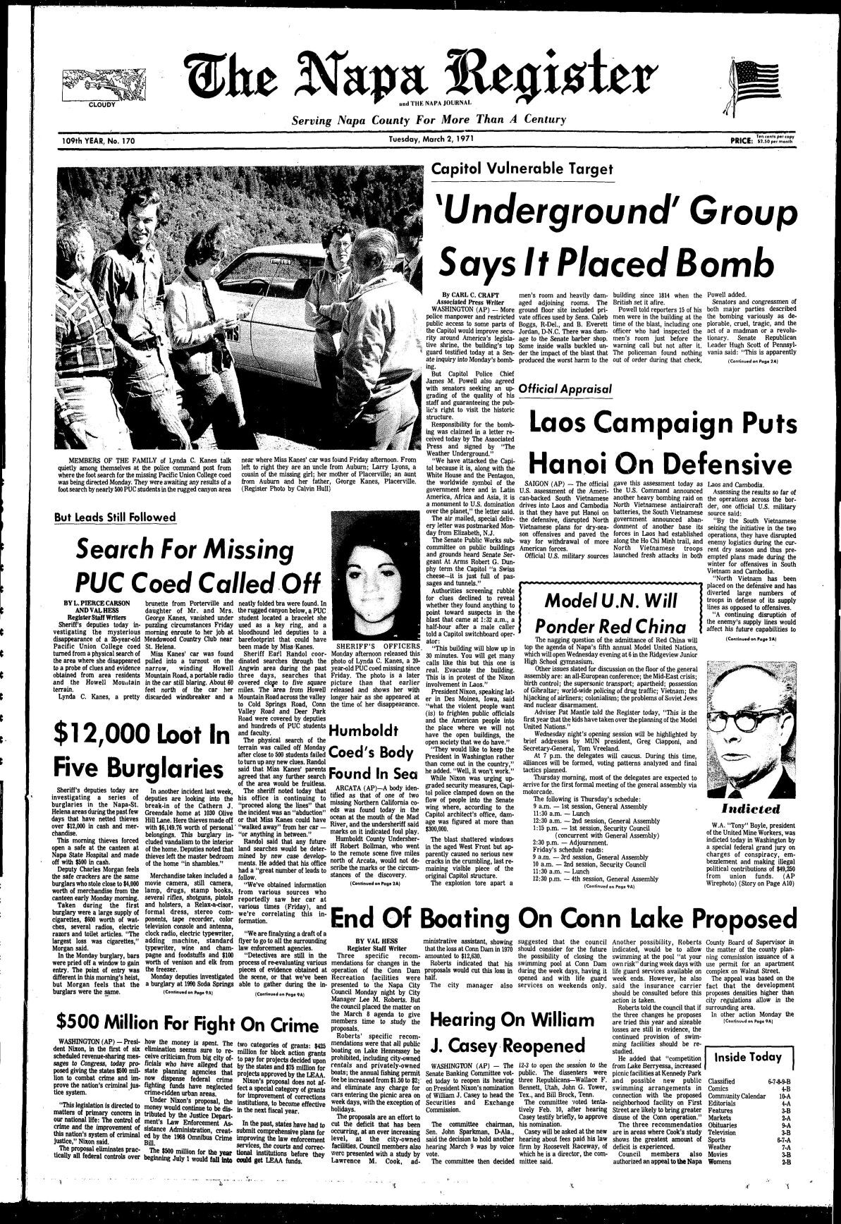 Willie the Woodcutter murder and Napa Register coverage: 03/02/71 page 1a
